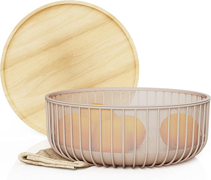 Metal Fruit Bowl Basket with Wooden Lid - Fruit and Vegetable Holder For Kitchen Counter - Counte... | Amazon (US)