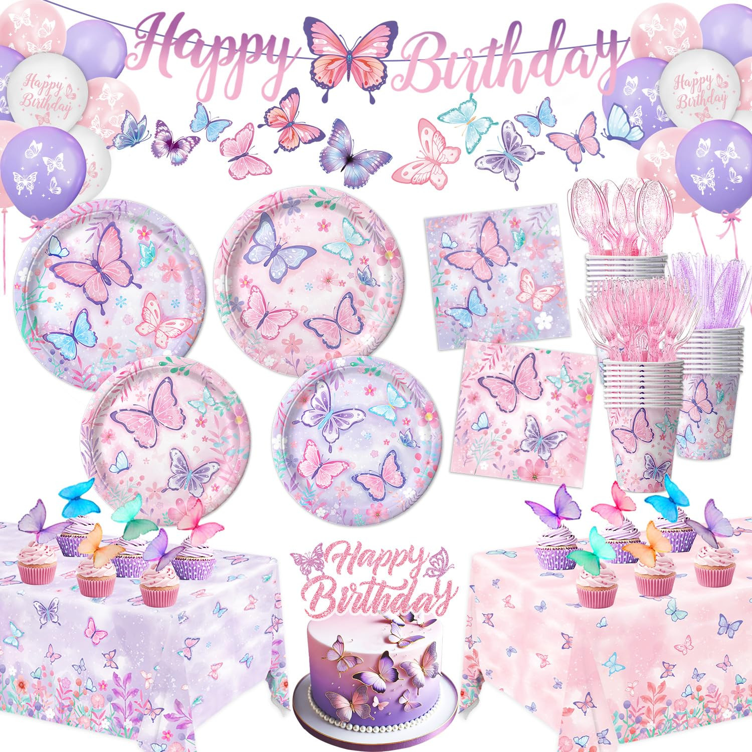 Butterfly Birthday Decorations, Girls Birthday Supplies - Plates, Napkins, Cups, Cutlery, Cake & ... | Amazon (US)