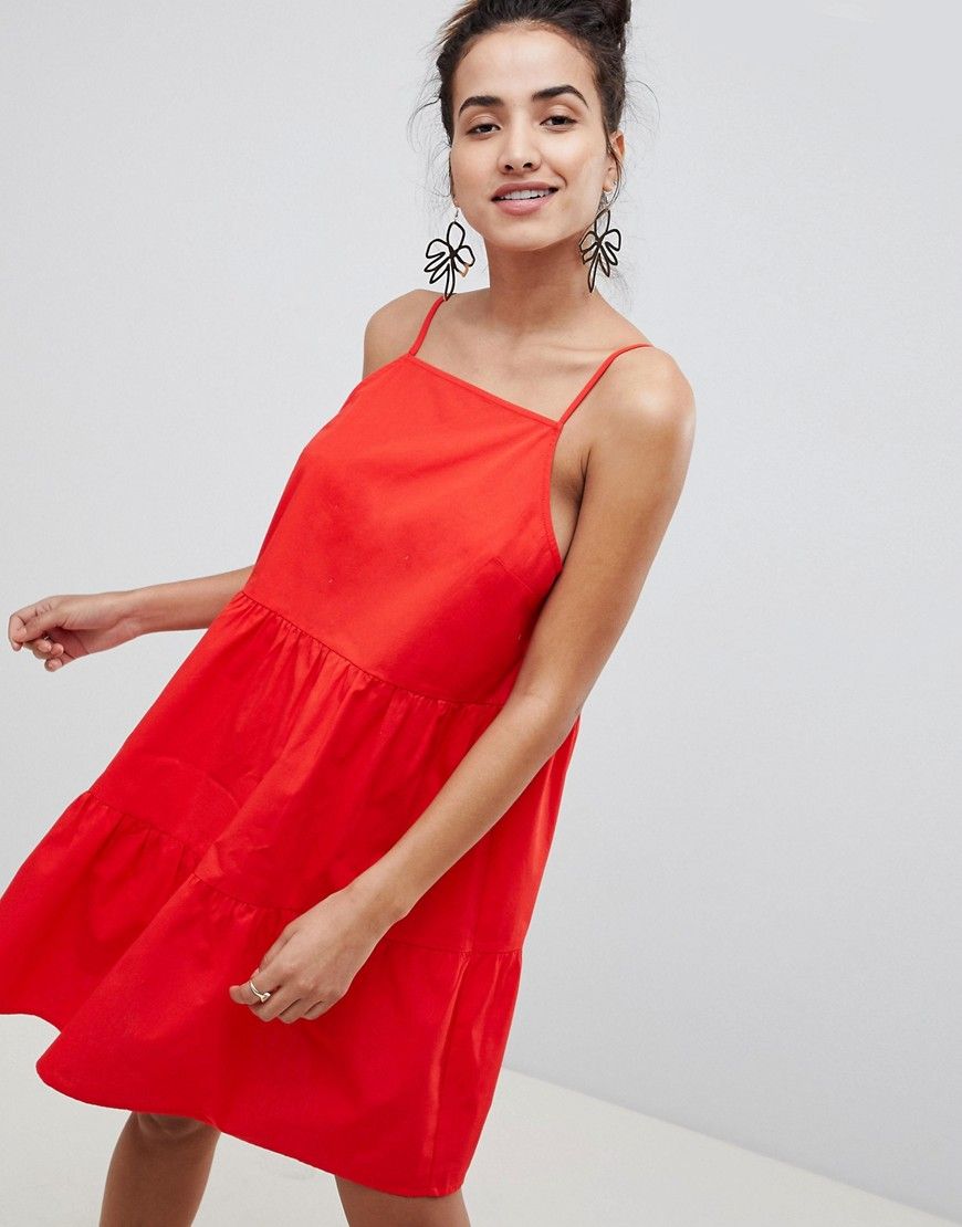 ASOS DESIGN cotton tiered mini sundress - Red | ASOS US