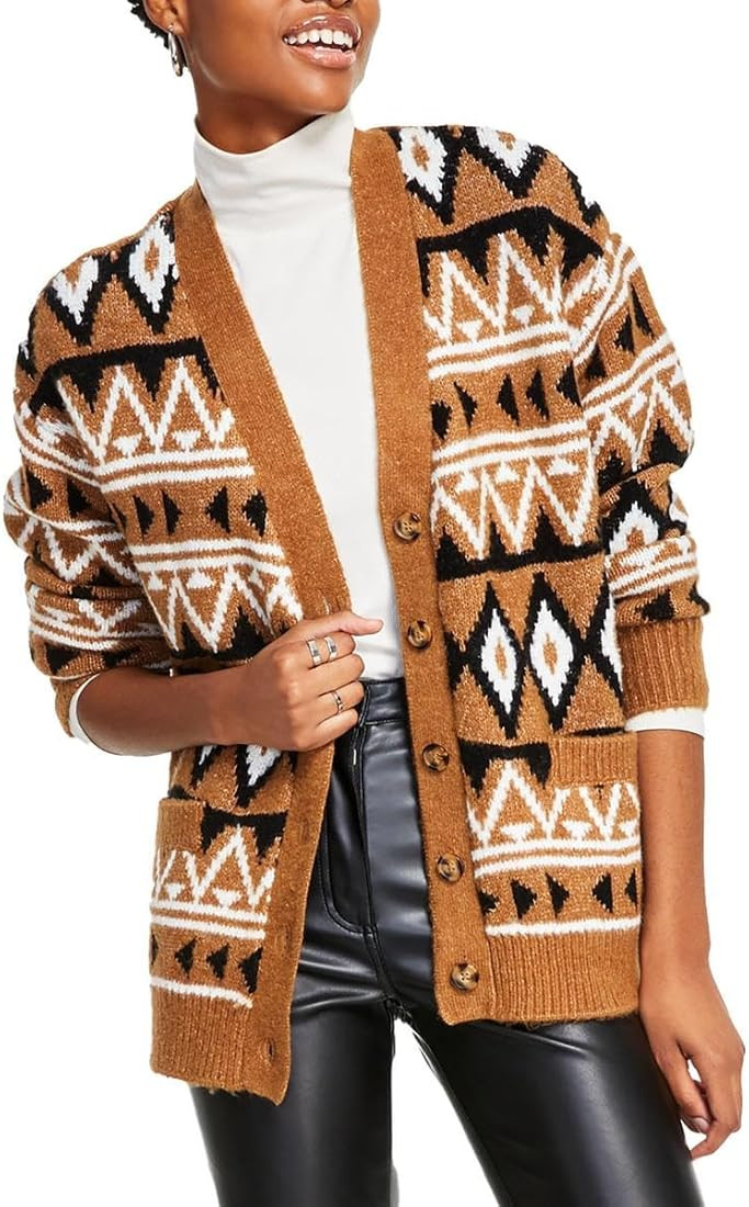 Black Tape Womens Long Sleeve Geometric Knit Button Front Cardigan Sweater | Amazon (US)