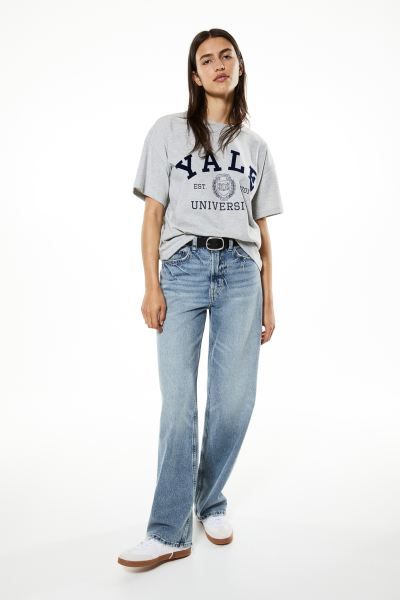 Oversized Printed T-shirt - Light gray melange/Yale - Ladies | H&M US | H&M (US + CA)