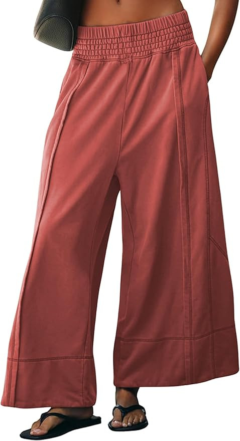 Womens Wide Leg Pants Casual Elastic High Waist Baggy Sweatpants Loose Cotton Lounge Palazzo Trou... | Amazon (US)