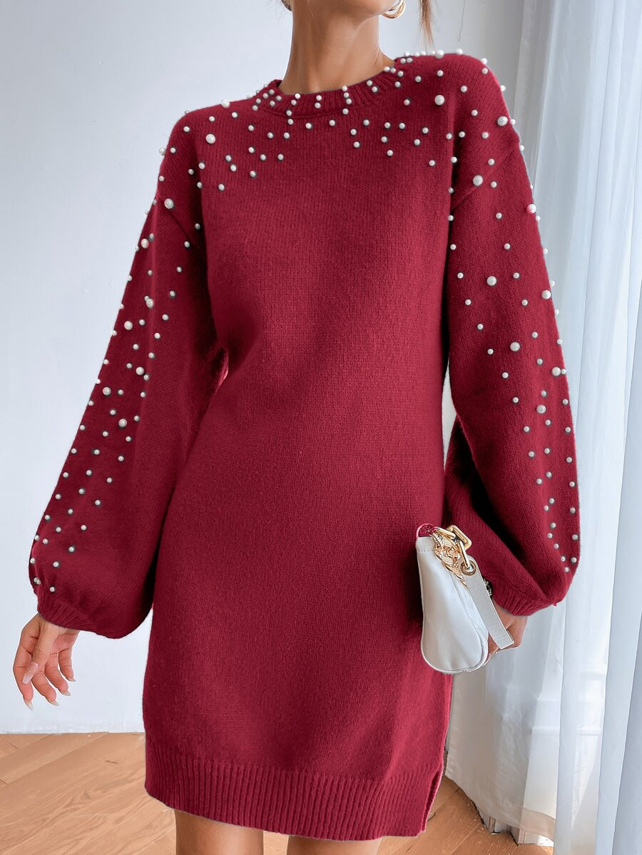 Pearls Beaded Lantern Sleeve Sweater Dress
   
      SKU: sw2210122916233279
          (21 Review... | SHEIN