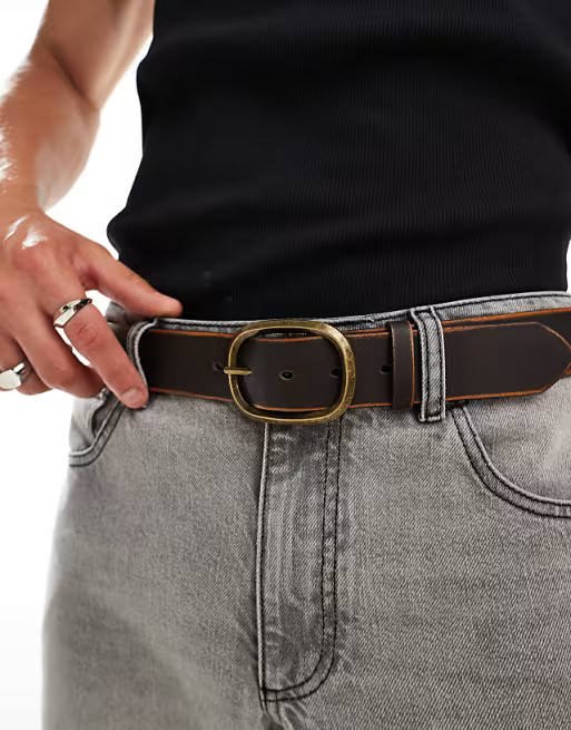 Pull&bear round gold buckle belt in brown | ASOS (Global)
