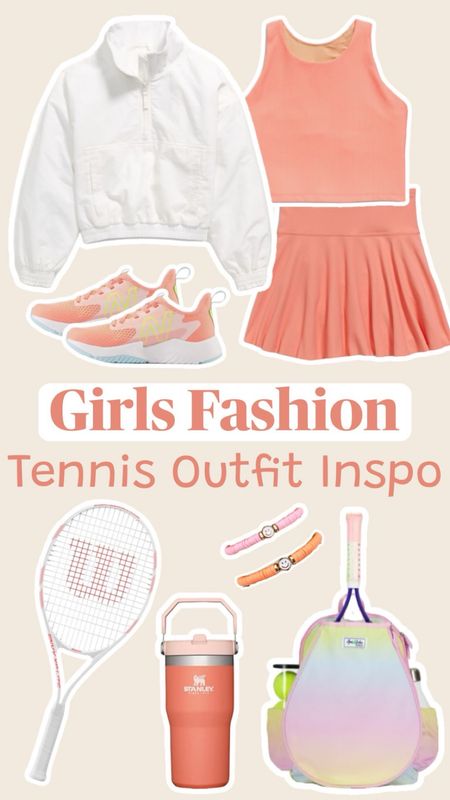 Girls Tennis outfit inspo! 😊🎾🩷🧡👟#kidstennisshoes #girlstennisoutfit #girlstennisdress #kidsshoes #kidsoutfits #kidswaterbottle #kidstennisclothes #tennisclothes #tennisdress  