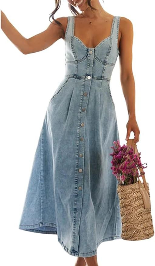 utcoco Denim Dress for Women Sleeveless Button Down Slim Fit Midi Jean Dresses for Women 2024 | Amazon (US)
