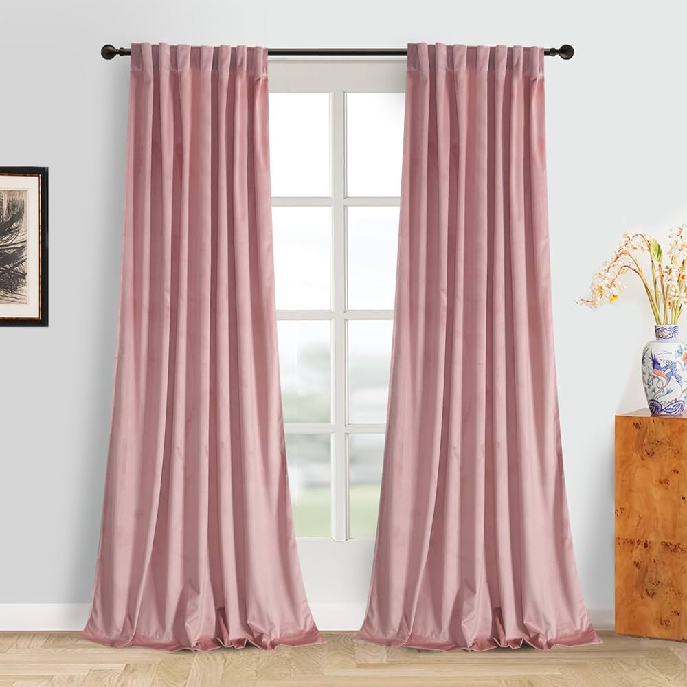 Roslynwood Luxury Soft Dusty Pink Velvet Curtains 63 inches Long Back Tab Thermal Insulated Black... | Amazon (US)