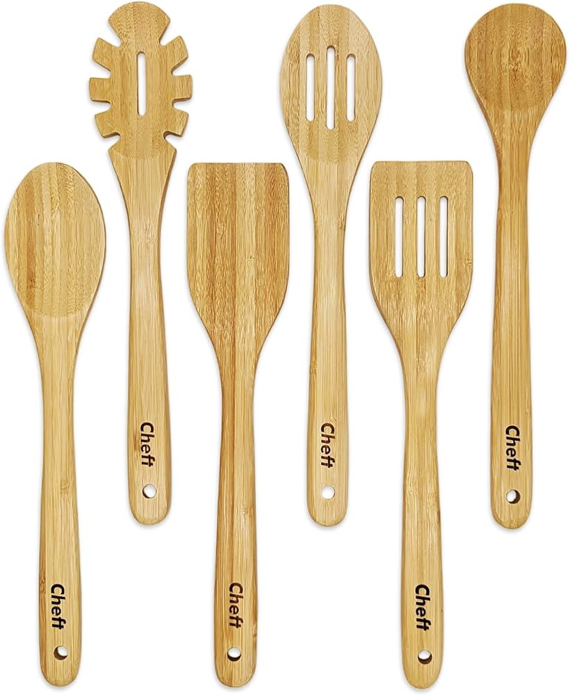 Cheft 6 Piece Bamboo Cooking Utensils 12" Wooden Mixing Spoon Set | Amazon (US)