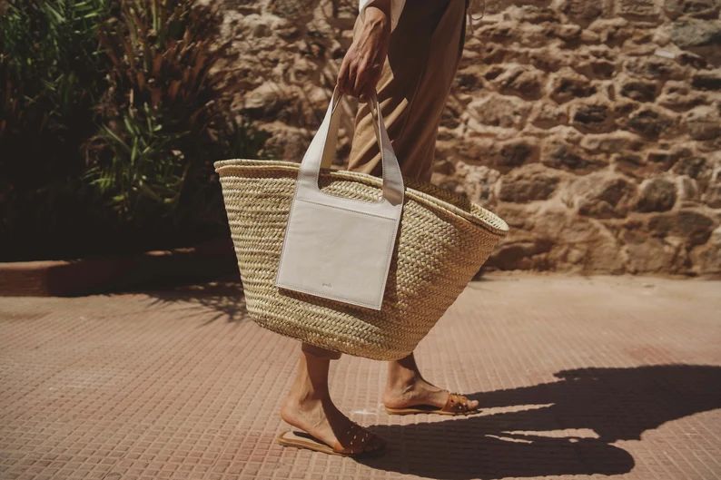 Large straw basket bag, Hand woven moroccan beach bag basket, straw basket bag  Black Leather han... | Etsy (US)