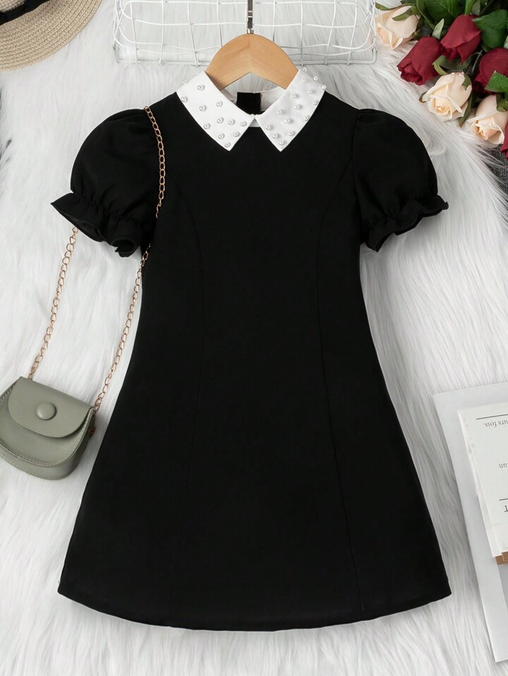 SHEIN Young Girl Black Pearl-Embellished Peter Pan Collar Puff Sleeve Dress | SHEIN