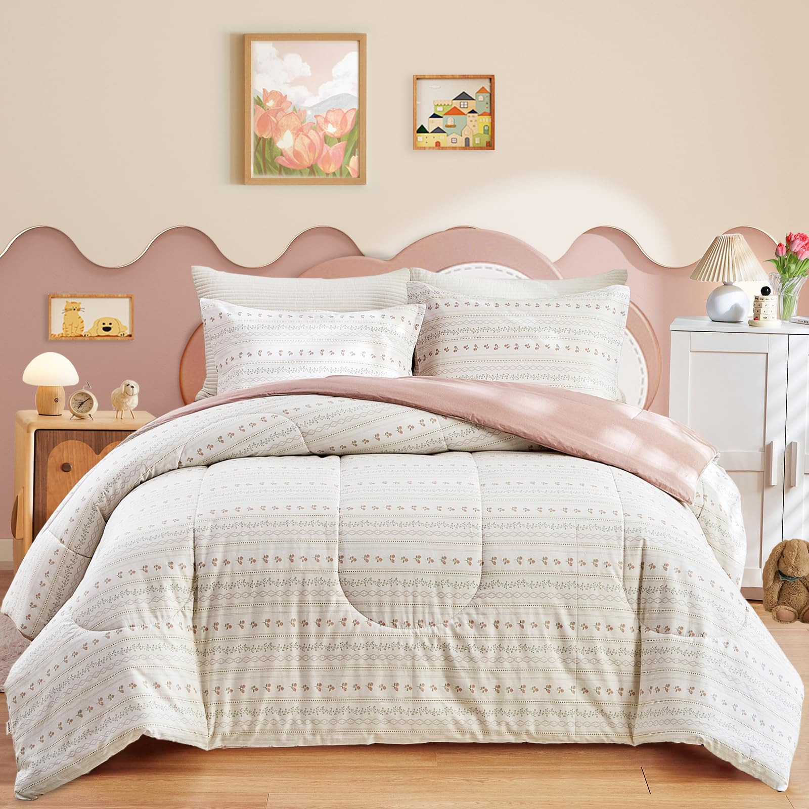 Joyreap 3pcs Floral Cotton Comforter Set for Girls, Pink Flower Stripes Boho Design, Twin Size So... | Amazon (US)