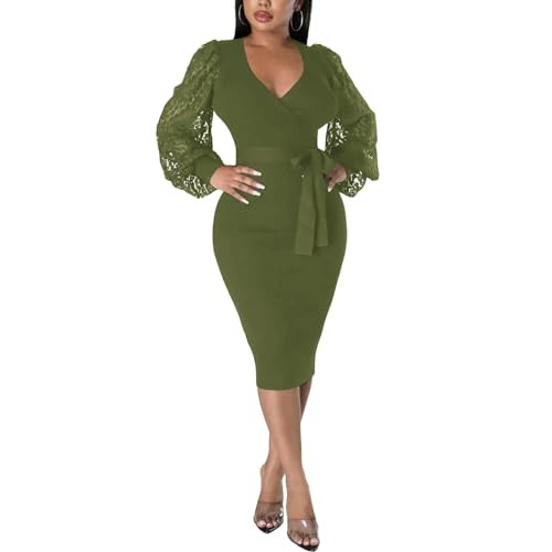 BOGURST Semi Formal Church Dresses for Women Bishop Sleeve Sexy V Neck Bodycon Midi Dresses | Amazon (US)