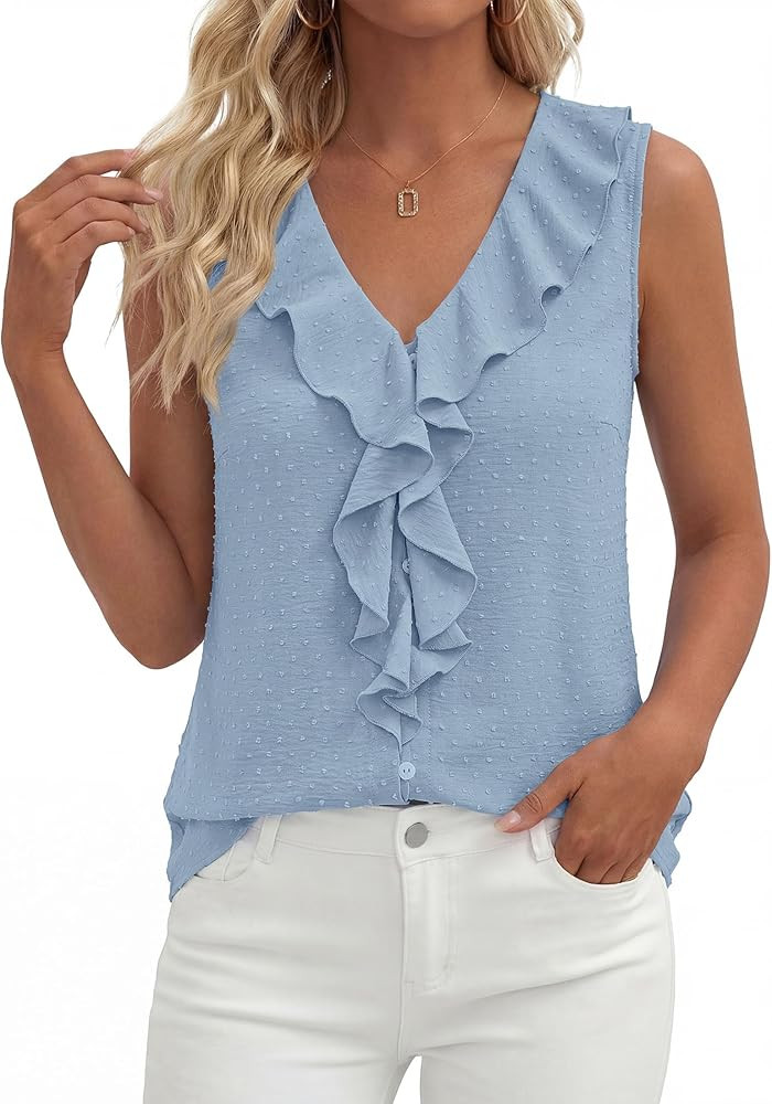 PRETTYGARDEN Tank Tops for Women 2026 Summer Fashion Sleeveless Ruffle Button Swiss Dot Dressy Ca... | Amazon (US)