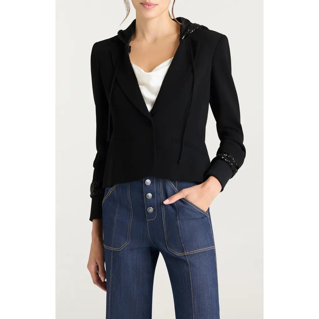 Cinq à Sept Khloe Sequin Trim Hooded Blazer in Black/Black at Nordstrom, Size 6 | Nordstrom