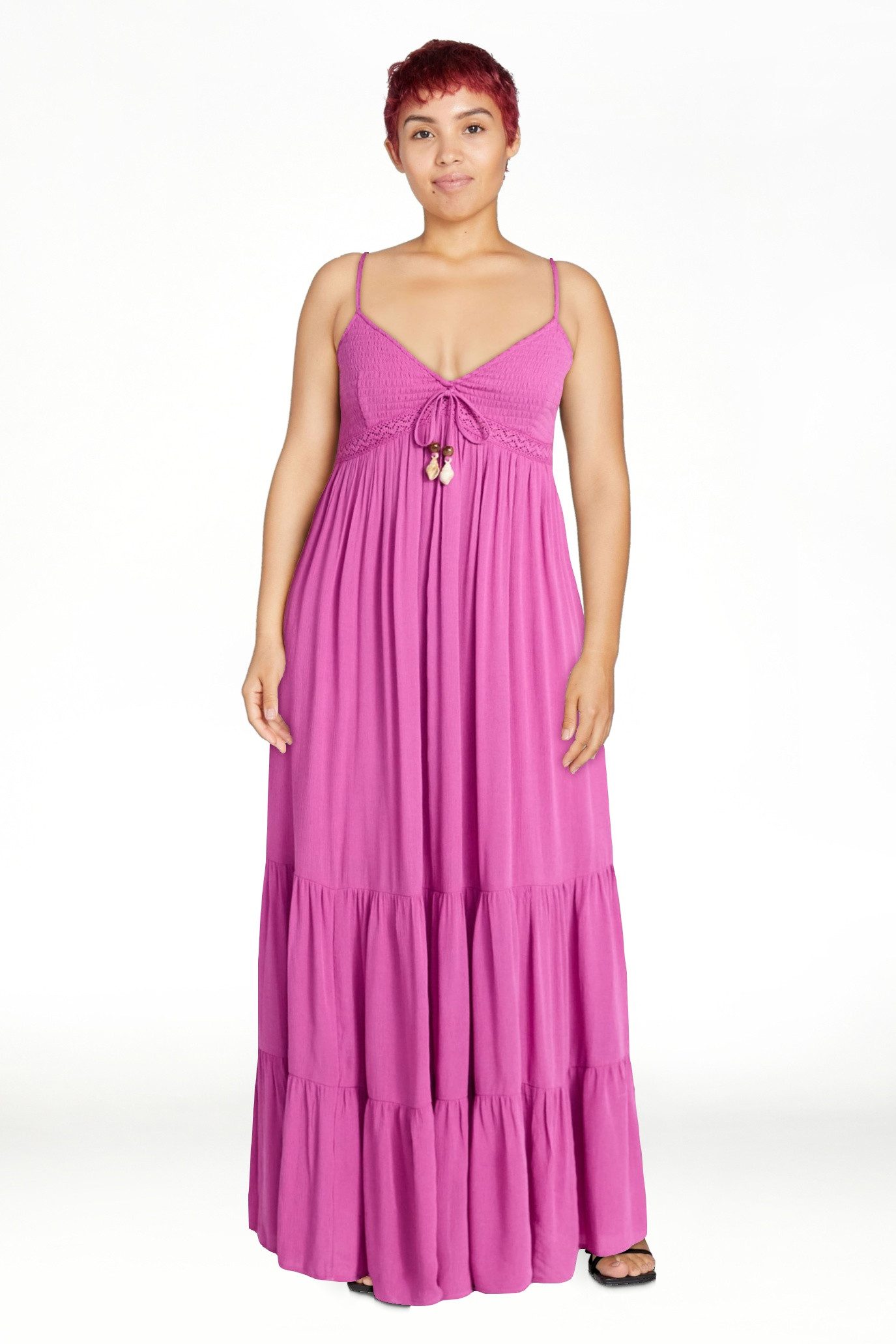 No Boundaries Crochet Lace Trim Tiered Maxi Dress, Women's XXS-XXL | Walmart (US)