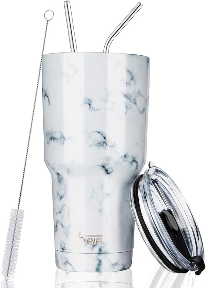 30oz Stainless Steel Insulated Marble Tumbler Travel Mug with Straw Slider Lid, Cleaning Brush, D... | Amazon (US)