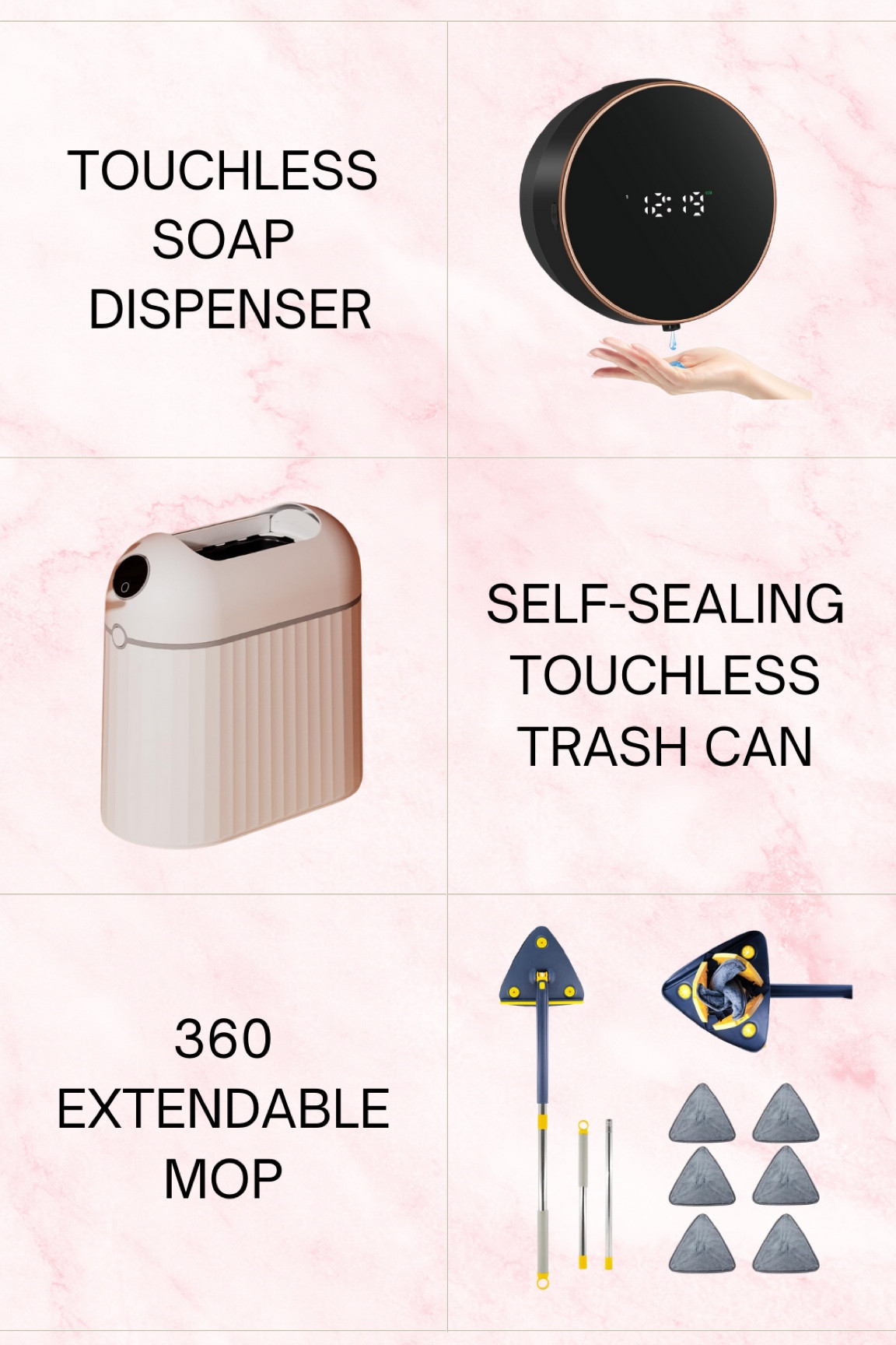 Bathroom essentials for ultimate convenience! ✨ A touchless trashcan and soap dispenser for a mess-free, hygienic experience, plus the 360 triangle mop to reach all those tricky corners. Keeping it clean has never been easier! 💖  Follow for more @OPERATION_NIKI on IG, TikTok, & Facebook Cleaning, kitchen, Valentine’s, organization, sink, deep clean, kitchen reset, clean with me, home essentials, declutter, storage solutions, pantry organization, under-sink storage, dishwashing must-haves, countertop organization, kitchen gadgets, space-saving hacks, cleaning routine, home refresh, tidy home, vacation, resort, bathroom decor, bathroom inspo 

#LTKFindsUnder50 #LTKHome #LTKFamily