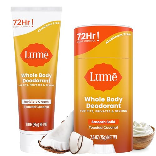 Lume Whole Body Deodorant - Invisible Cream Tube and Solid Stick - 72 Hour Odor Control - Aluminum Free, Baking Soda Free, Skin Safe - 3.0 Ounce 2.6 Ounce Bundle (Toasted Coconut) | Amazon (US)