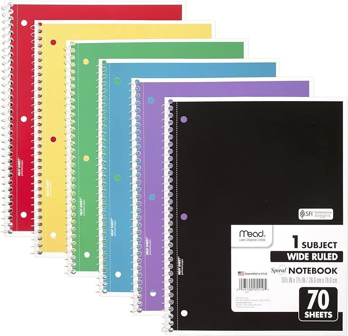 Mead Spiral Notebooks, 1 Subject, Wide Ruled Paper, 70 Sheets, Colored Note Books, Lined Paper, H... | Amazon (US)