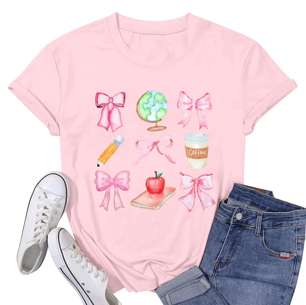 Teacher Shirts Womens Bow Teacher Graphic Tees Cute Teacher Appreciation Gifts Shirt Summer Casua... | Amazon (US)