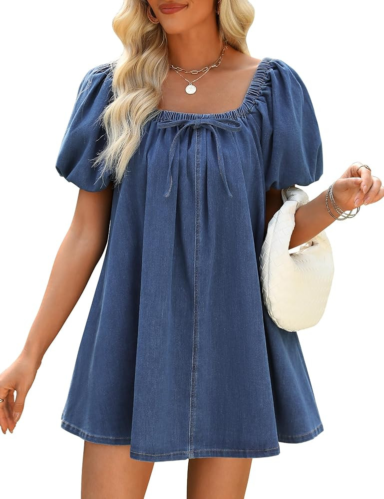 Denim Dress for Women, Puff Short Sleeve Jean Dress Square Neck Denim Romper with Pockets | Amazon (US)