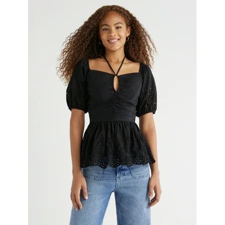 Free Assembly Women’s Cotton Ruched Eyelet Halter Top, Sizes XS-XXL | Walmart (US)