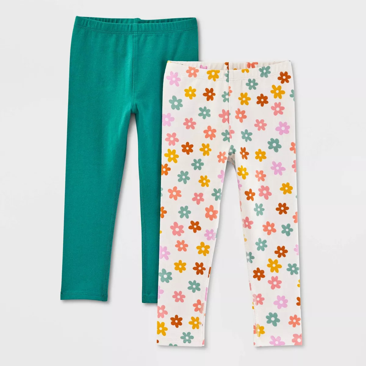 Toddler Girls' Adaptive 2pk Floral/Solid Leggings - Cat & Jack™ Dark Green/Cream | Target