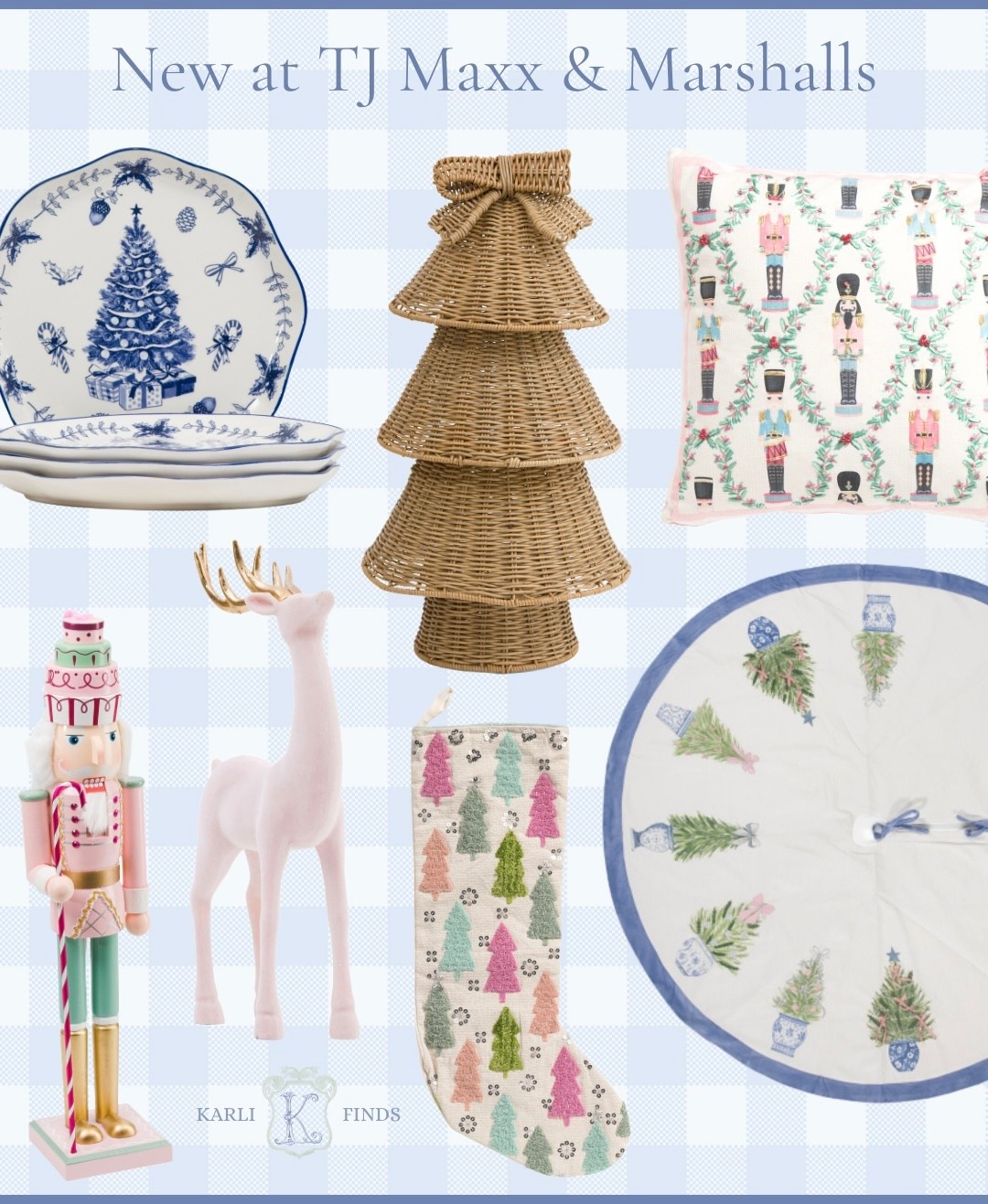 Grandmillennial Christmas decor at TJ Maxx and Marshalls! Blue and white Christmas, girly holiday decor, coastal Christmas, pink Christmas, rattan Christmas, Christmas tree skirt, pink nutcracker decor 

#LTKSeasonal #LTKFindsUnder50 #LTKHome