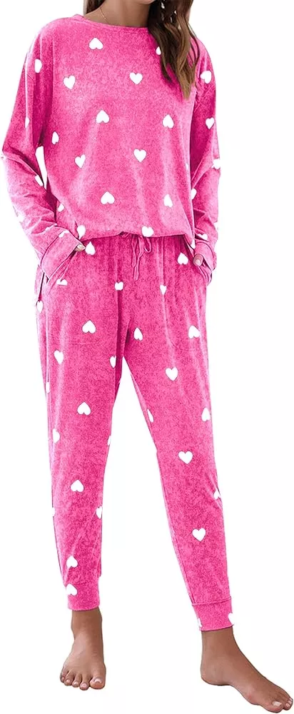 Blooming Jelly Womens Cute Pajama Sets Long Sleeve Heart Printed