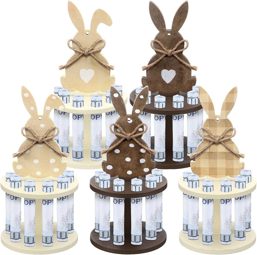 5 Pcs Easter Money Holder Wooden Easter Ornaments with 10 Holes Handmade Money Tree Bunny Rabbit ... | Amazon (US)