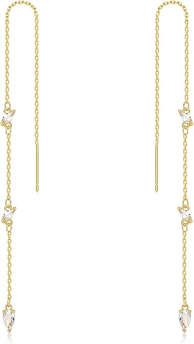 Threader Dangle Earring Teardrop Marquise Cubic Zirconia Gold/Silver Plated Long Link Chain Drop ... | Amazon (US)