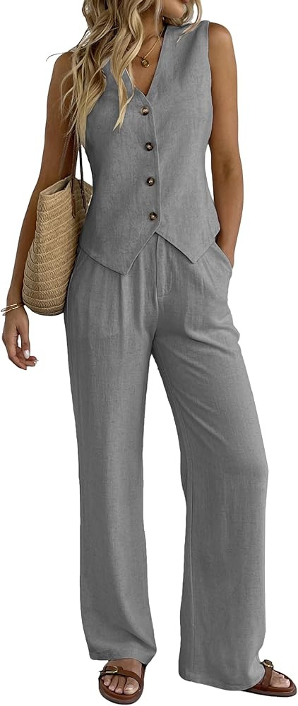 Women's 2 Piece Outfits Linen Vest Waistcoat Dressy Casual Sets Wide Leg Pants Suits Blue at Amaz... | Amazon (US)