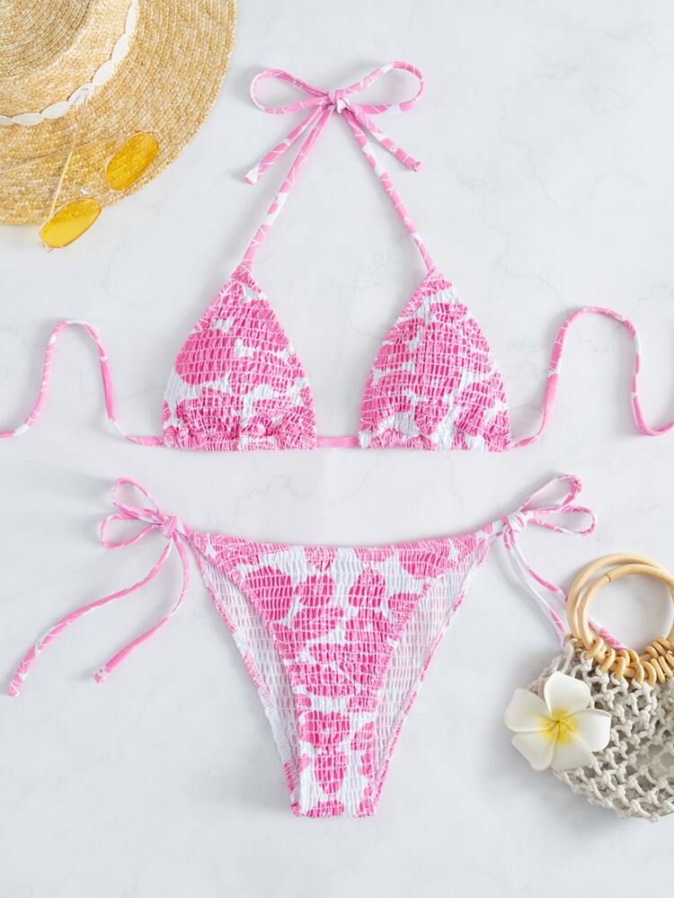 Random Print Smocked Halter Bikini Swimsuit | SHEIN