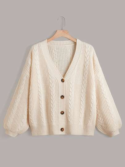 Plus Cable Knit Lantern Sleeve Cardigan | SHEIN