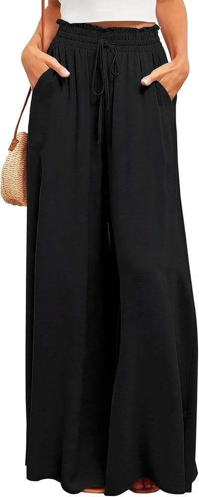 Ulovmi Women's Wide Leg Palazzo Pants High Waisted Flowy Lounge Trousers with Pockets | Amazon (US)