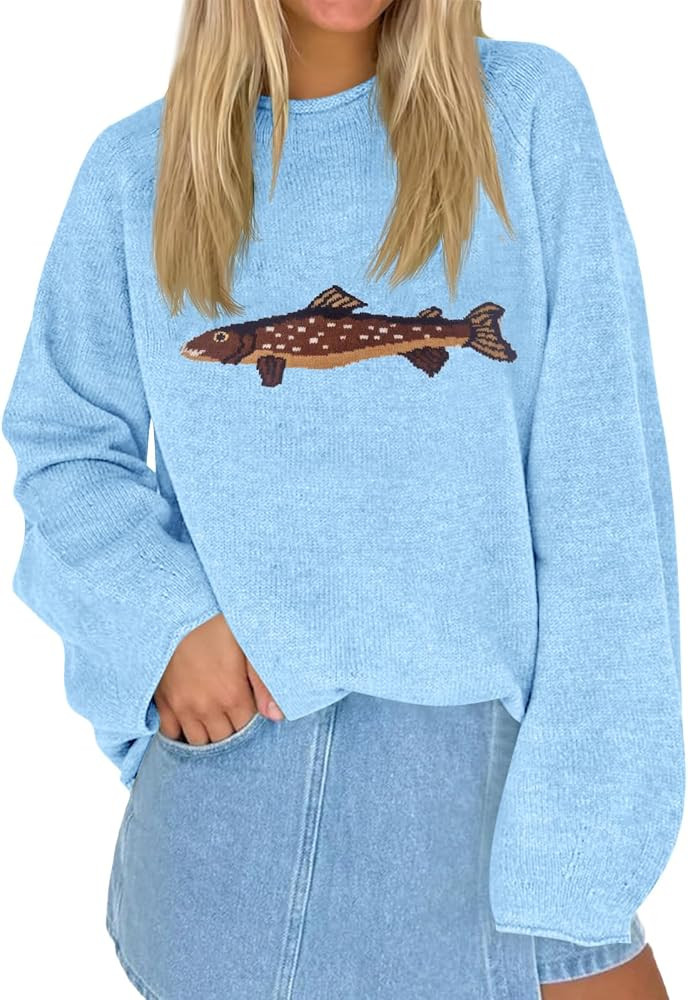 Tankaneo Womens Fish Graphic Oversized Sweaters Lightweight Knit Pullover | Amazon (US)
