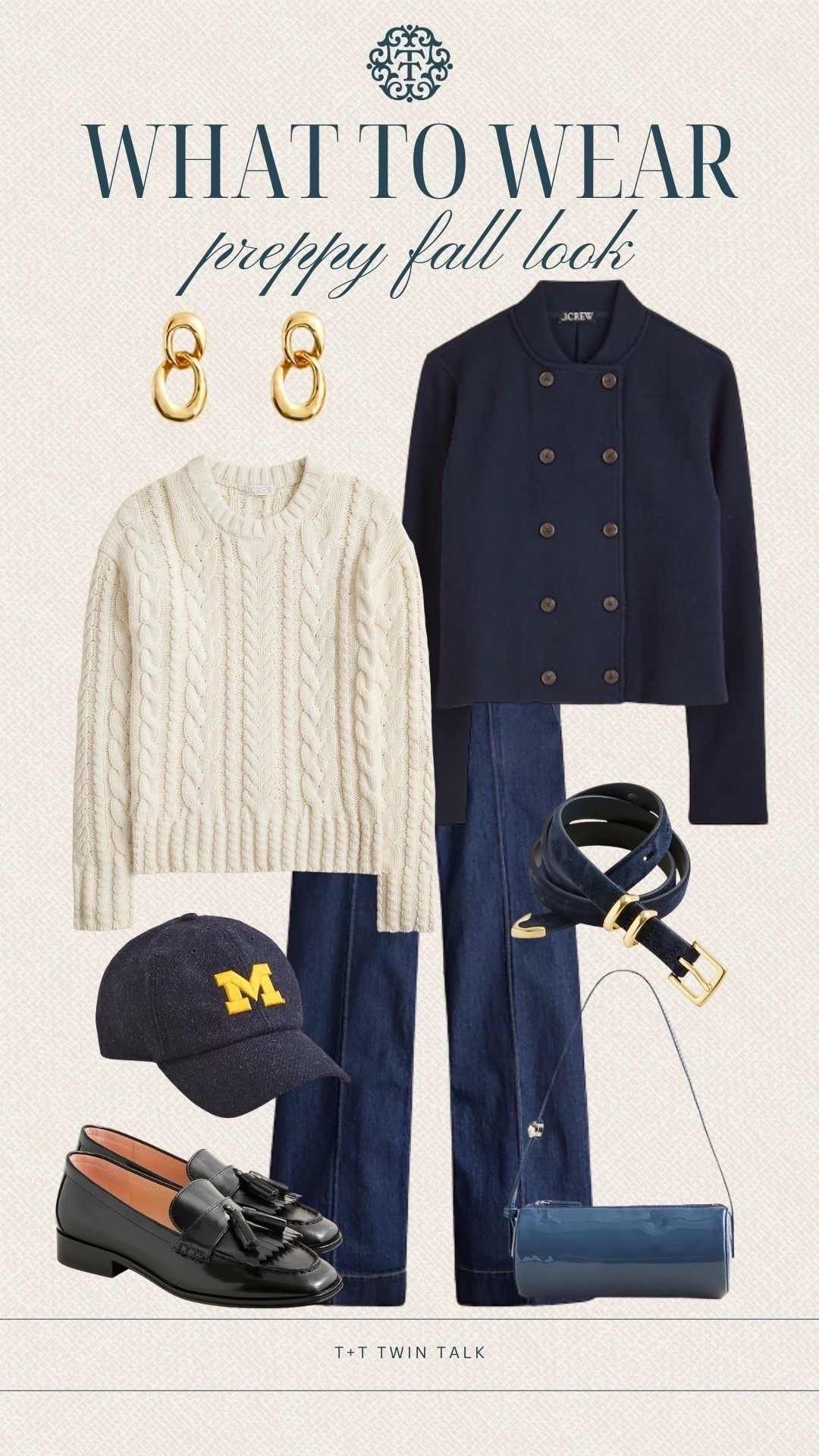 T+T, what to wear! We love this navy jacket paired with this white knit sweater from J.Crew! We paired it with dark wash denim, black loafers and a blue purse. We accessorized with a Michigan state hat, gold earrings, and a suede belt! 

#LTKSeasonal #LTKMidsize #LTKOver40