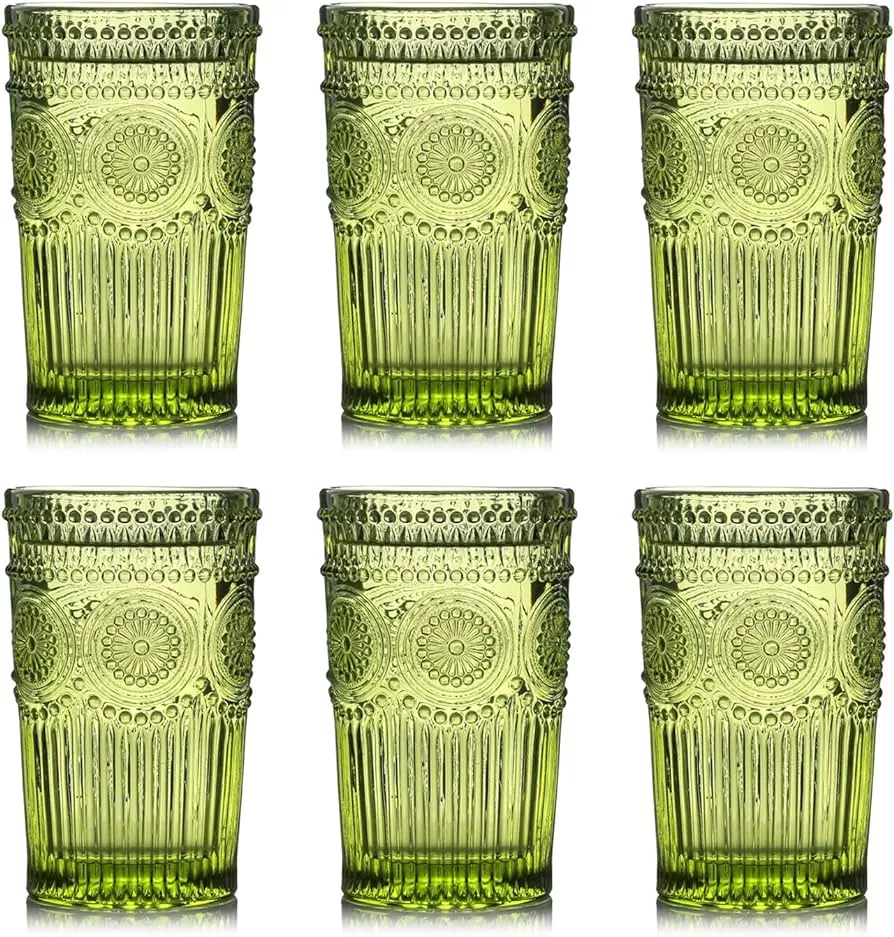 Bandesun Romantic Water Glasses, 12 oz Hobnail Drinking Glasses Set 6,  Embossed Vintage Glassware Set for
