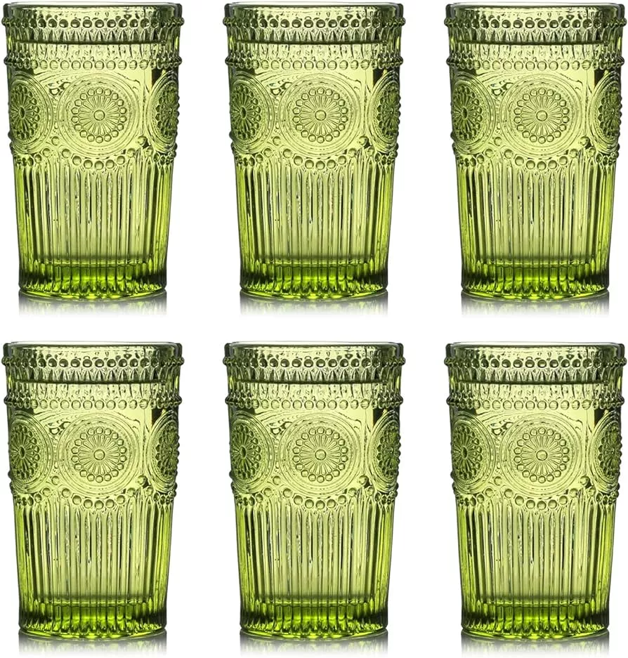 ZOOFOX Set of 6 Colored Drinking Glasses, 12oz Embossed Tumblers