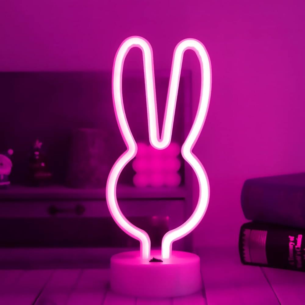 Easter Decorations Rabbit Lights Neon Signs, Creative Bunny Neon Lights with Base Battery/USB Ope... | Amazon (US)
