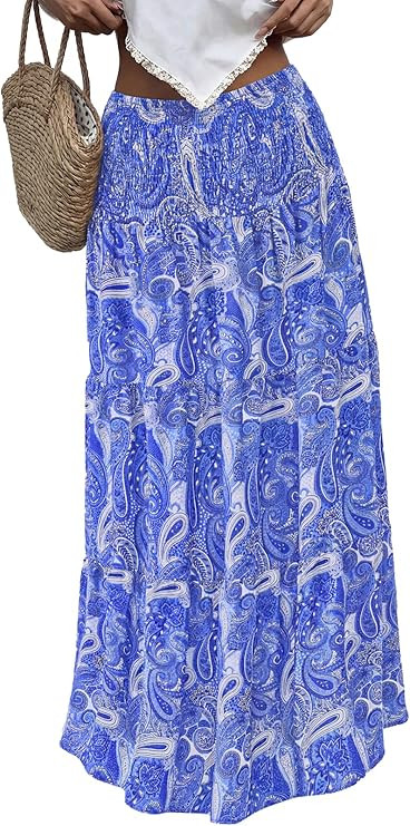 PRETTYGARDEN Floral Summer Boho Maxi Skirts for Women 2026 Smocked Elastic Waist Pleated Tiered V... | Amazon (US)