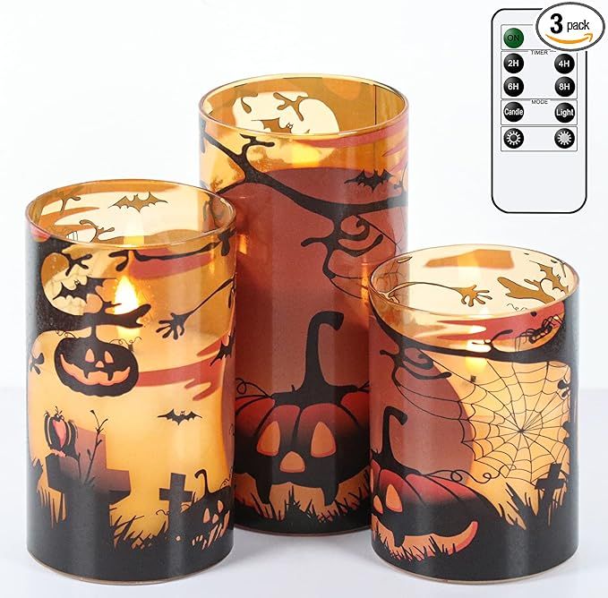 Eldnacele Halloween Flickering Candles with Pumpkin, Spider Web Decals, Orange Glass Battery Oper... | Amazon (US)