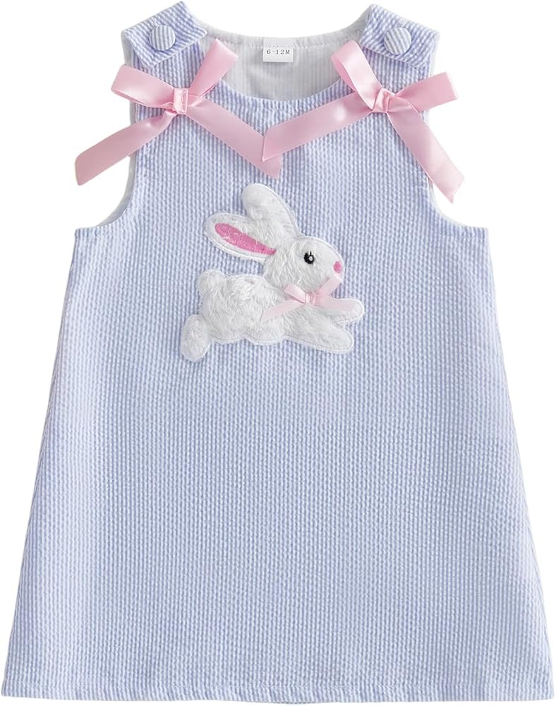 Toddler Baby Girl Easter Outfit Sleeveless Crew Neck Bow Bunny Rabbit Embroidery Dress Little Gir... | Amazon (US)
