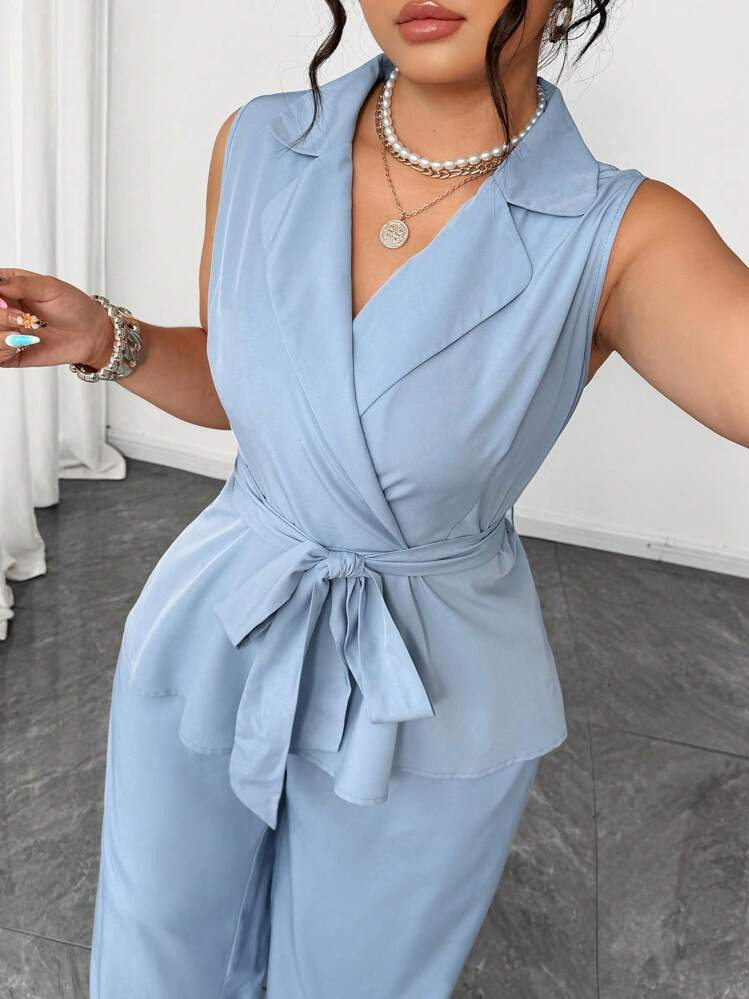 Elenzga Plus Size Women 2pcs Solid Color Blazer And Pants Set, Elegant V-Neck With Bow Decor, Spring/Summer | SHEIN