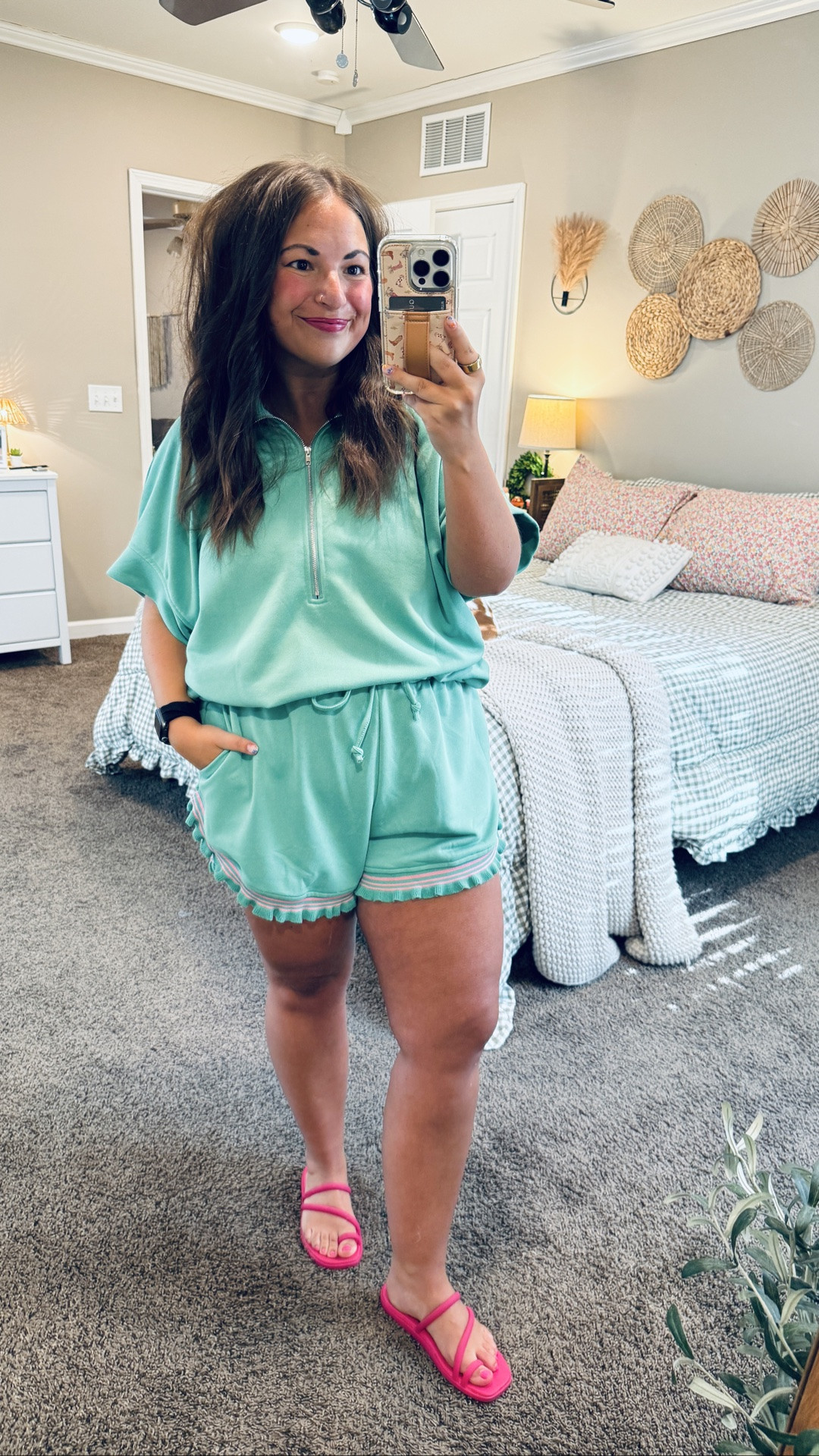 the pink details sold me 💕✨ paired this set with pink sandals + pink earrings to match the piping & it turned out SO cute 🙌🏻 I sized up for a looser fit & love how comfortable it is 🤍 

 #amazonfinds #matchingset #summerstyle #casualoutfit #comfyfashion #LTKootd #LTKSeasonal #LTKMidsize