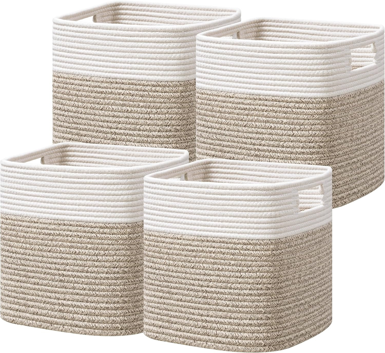 UBBCARE Set of 4 Storage Cubes-11 X 10.5 X 10.5 In, Cotton Rope Basket for Shelves, Toys, Book, Cube Storage Bin with Handles, Woven Storage Basket for Organizing, White/Brown | Amazon (US)