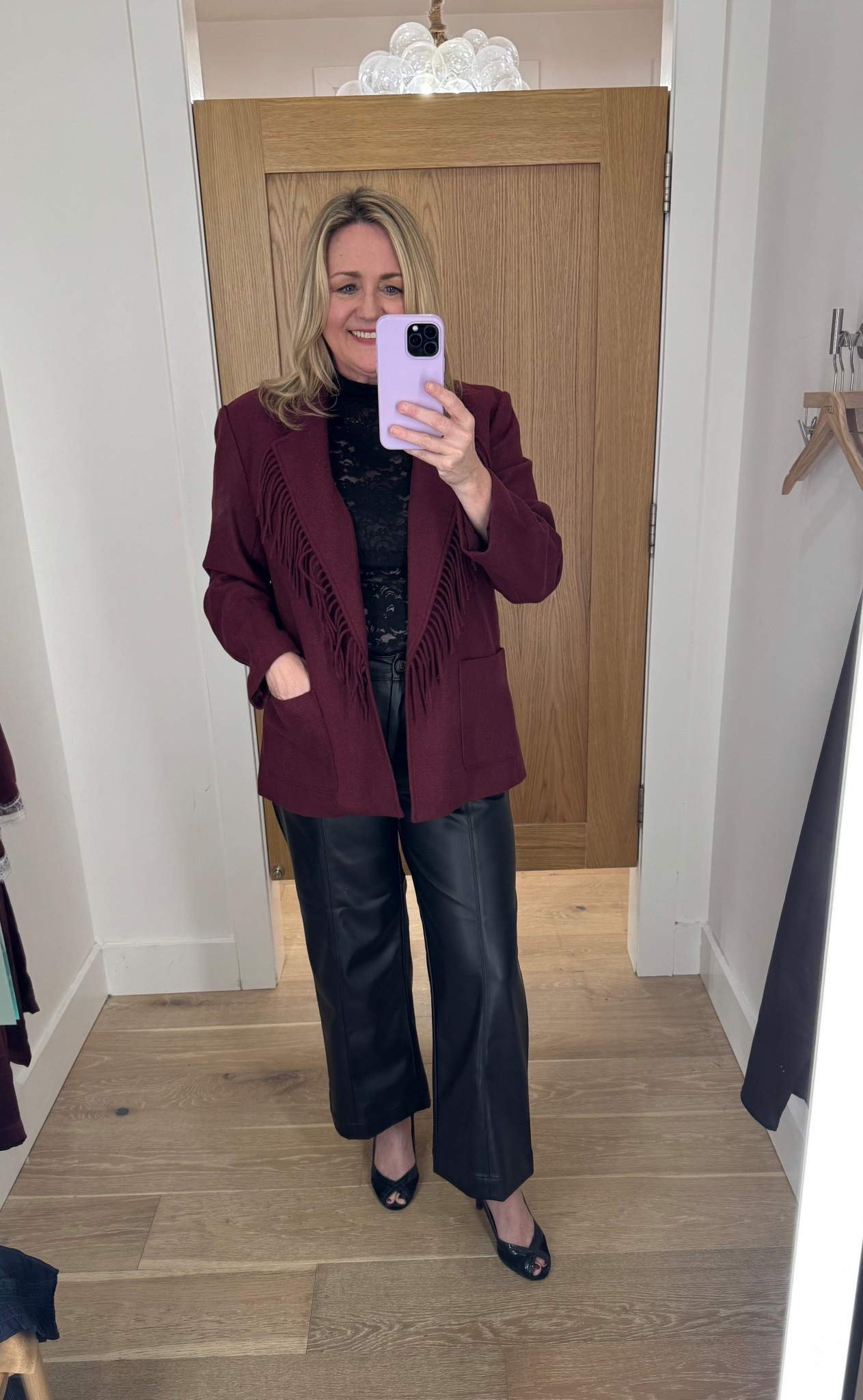 Loving this  burgundy fringe cardigan coat, faux leather pants and lace top for a fall outfit 
Thanksgiving outfitt

#LTKSeasonal #LTKOver40 #LTKMidsize