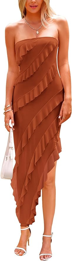 PRETTYGARDEN Women's Summer Long Formal Cocktail Dress Strapless Tube Asymmetrical Ruffle Maxi Bo... | Amazon (US)