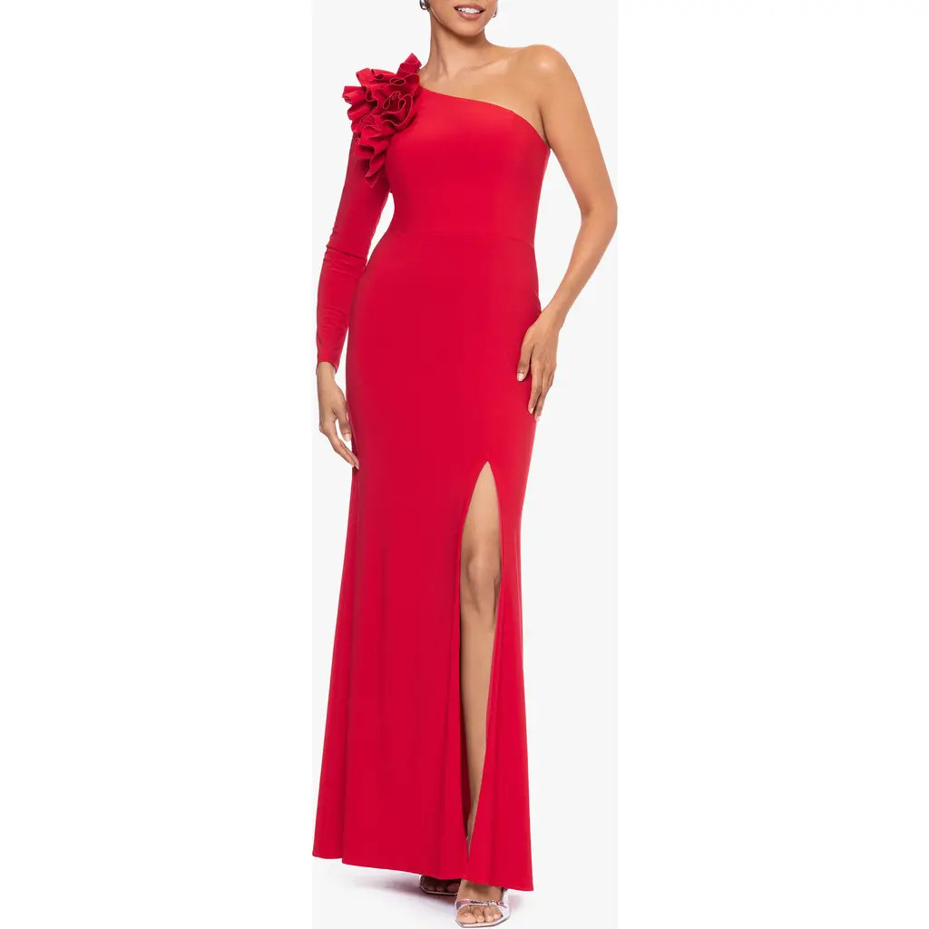 Xscape Evenings Ruffle One-Shoulder Gown in Red at Nordstrom, Size 14 | Nordstrom