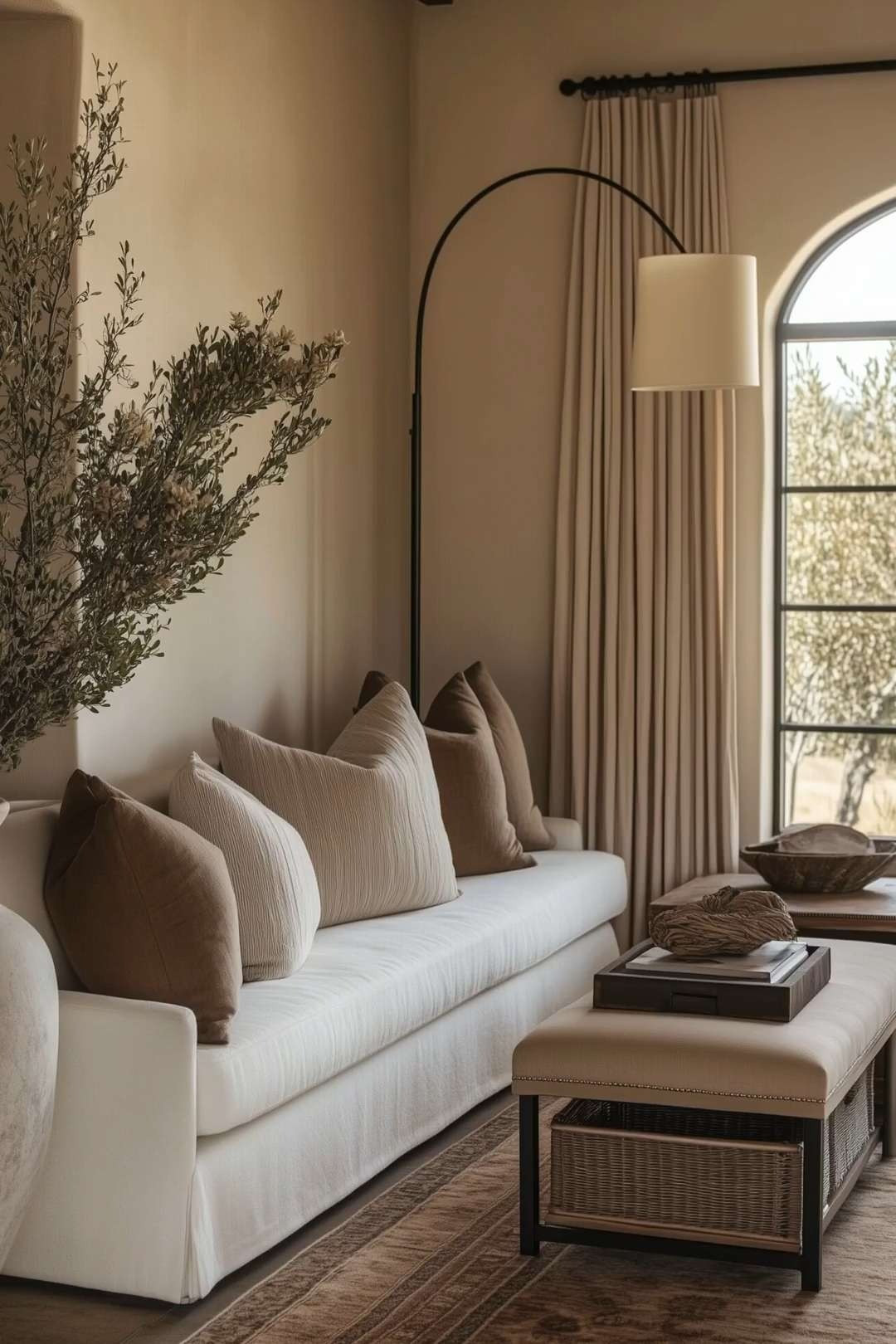 Warm Mediterranean-Neutral Living Room — an organic modern nook with a white bench-seat sofa, tonal taupe pillows, pleated linen drapery on a black rod, and an arched floor lamp for sculptural light. A vintage-inspired rug, woven storage bench, and large rustic urn with olive branches introduce texture, while layered trays and baskets keep the space cozy, elevated, and functional.

🖤 If you want to see more content like this, FOLLOW maeveandmodern on LTK, Instagram, and Pinterest! Check out our blog where we post daily, maeveandmodern.com!

Neutral living room | Organic modern decor | Mediterranean-inspired | White slipcovered sofa | Taupe throw pillows | Arched floor lamp | Pleated linen curtains | Black curtain rod | Vintage style rug | Woven storage bench | Rustic urn vase | Olive branch arrangement | Warm earthy tones | Minimal yet cozy | Collected layered styling | Functional family room
  

 

#LTKHome #LTKSaleAlert #LTKFindsUnder100 #LTKSeasonal #LTKHome #LTKSaleAlert